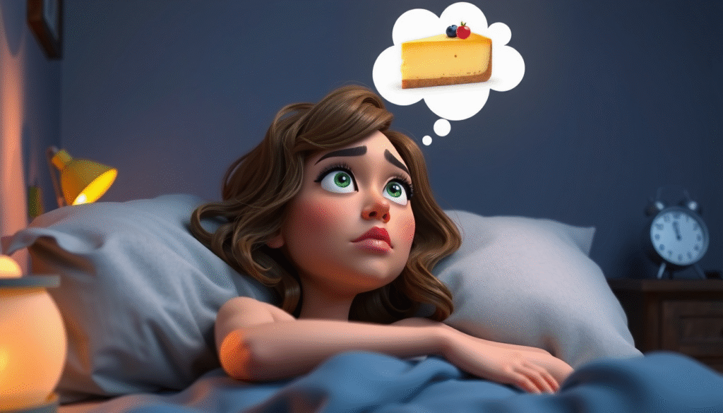 Sophia trying to sleep but thinking about cheesecake